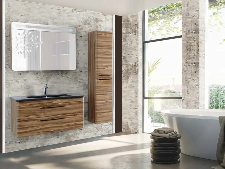 Ahşap dokulu banyo dolabı, ayna modülü ve lavabo