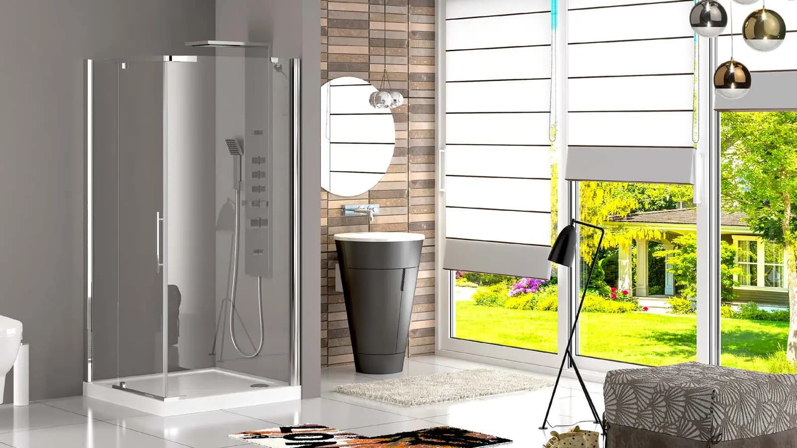 Köşe duşakabin ve duş teknesi, aydınlık banyo